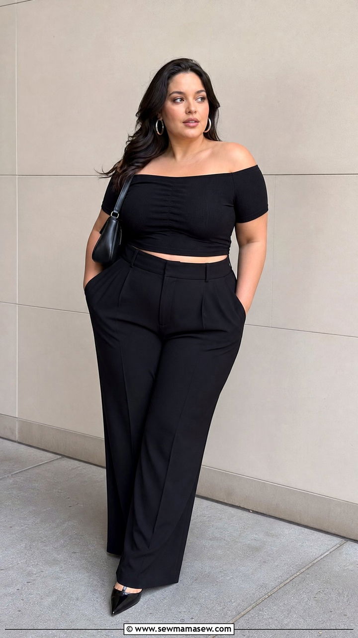 Plus Size Black Off Shoulder Crop Top Outfit - 20 plus size off shoulder crop top outfit ideas