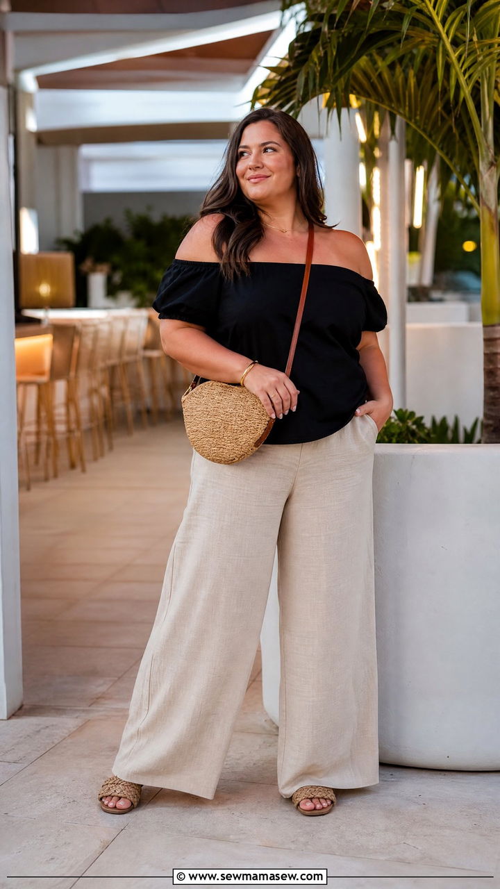 Plus Size Black Off Shoulder Top With Linen Pants - 20 plus size summer off shoulder top outfit ideas
