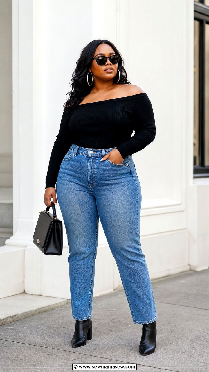 Plus Size Black Off The Shoulder Top With Blue Jeans - 20 plus size off the shoulder top outfit ideas