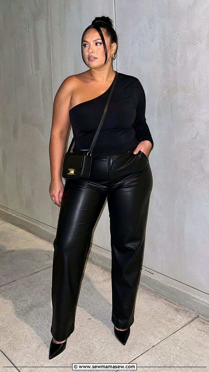 Plus Size Black One Shoulder Top With Leather Pants - 20 plus size one shoulder top outfit ideas