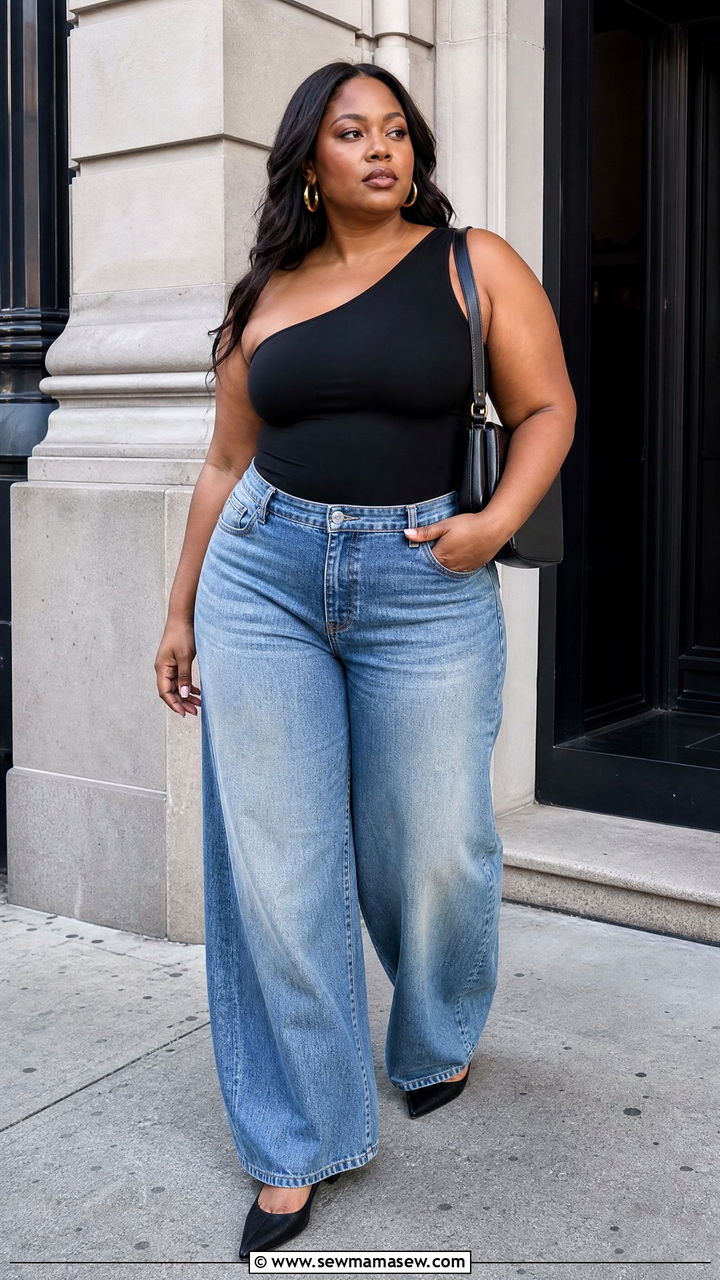 Plus Size Black One Shoulder Top With Wide Leg Jeans - 20 plus size asymmetric one shoulder top outfit ideas