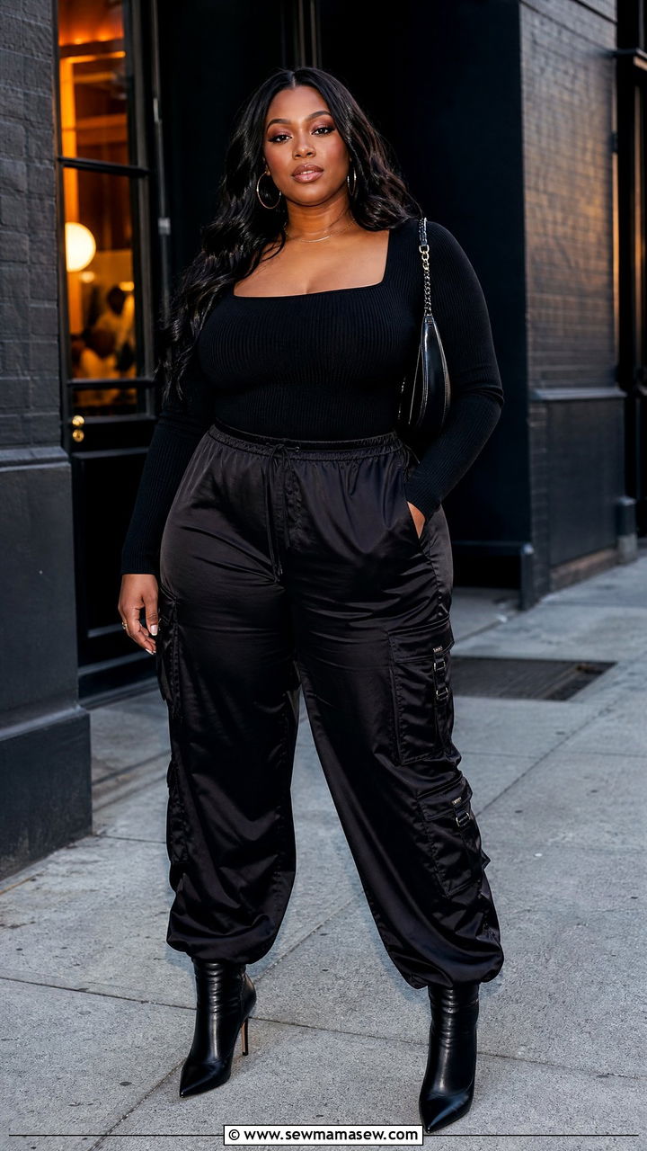 Plus Size Black Party Bodysuit With Cargo Pants - 20 plus size party top outfit ideas