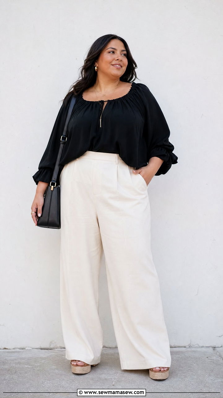 Plus Size Black Peasant Blouse With Wide Leg Pants - 20 plus size peasant blouse outfit ideas