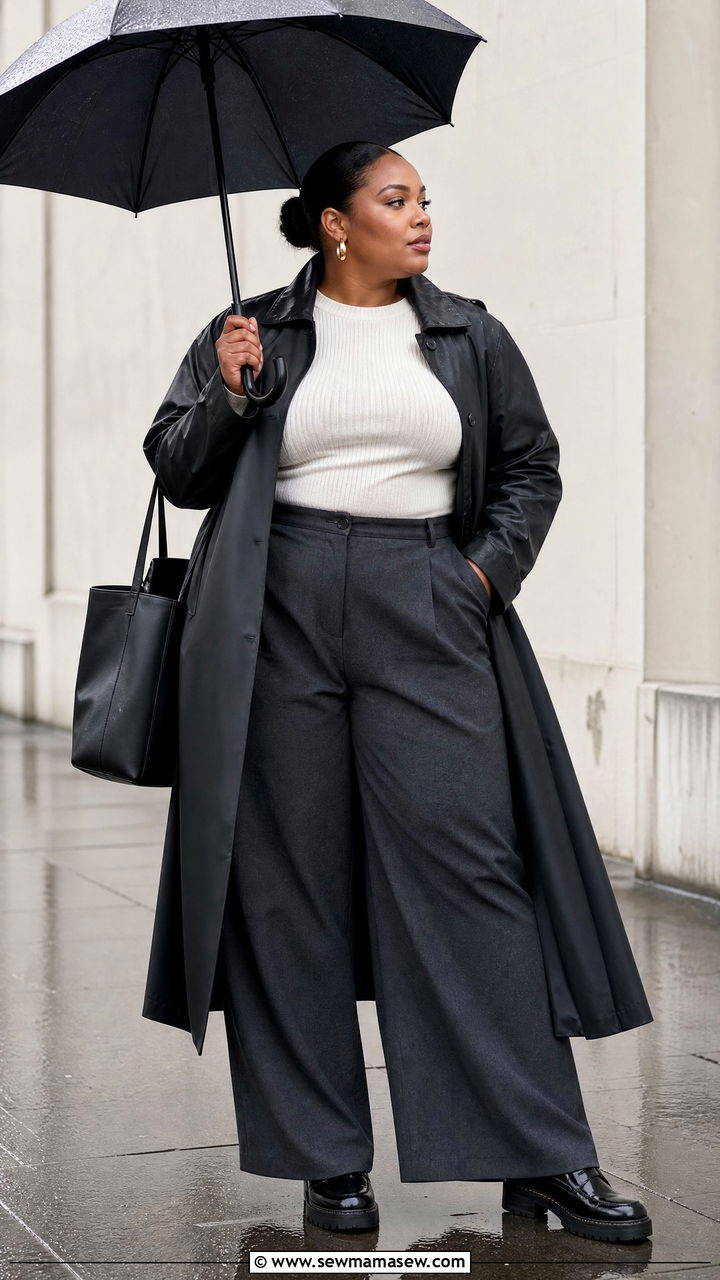 Plus Size Black Raincoat With Wide Leg Pants - 20 plus size raincoat outfit ideas