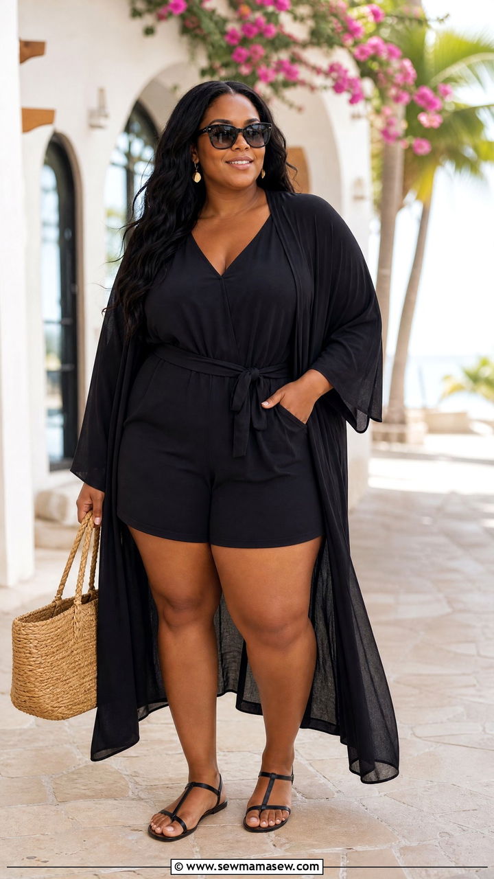 Plus Size Black Romper And Kimono Outfit - 20 plus size black outfit ideas