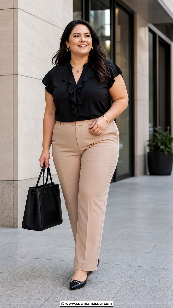 Plus Size Black Ruffle Top With Straight Leg Pants - 20 plus size ruffle top outfit ideas