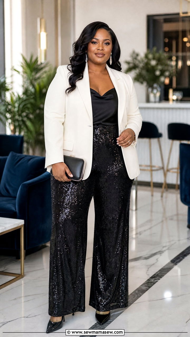 Plus Size Black Sequin Pants And Blazer Outfit - 20 plus size holiday party outfit ideas