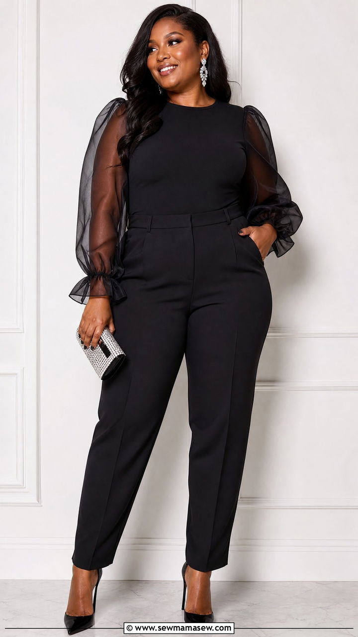 Plus Size Black Sheer Sleeve Top With Tailored Trousers - 20 plus size new years eve top outfit ideas