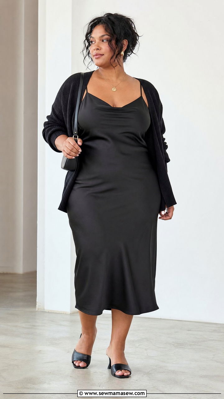 Plus Size Black Slip Dress And Cardigan Outfit - 20 plus size black outfit ideas