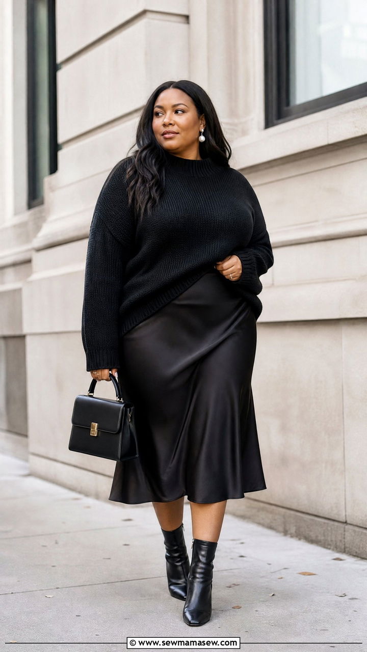 Plus Size Black Sweater And Satin Skirt Outfit - 20 plus size black outfit ideas