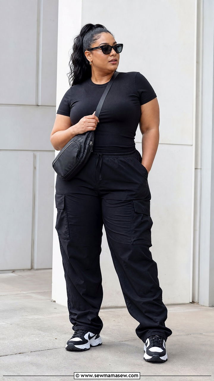 Plus Size Black T Shirt And Cargo Pants Outfit - 20 plus size black outfit ideas