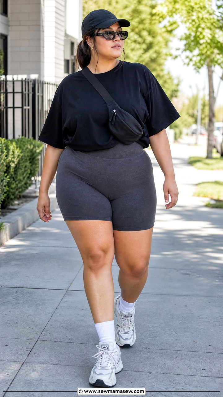 Plus Size Black T Shirt With Bike Shorts - 20 plus size black t shirt outfit ideas