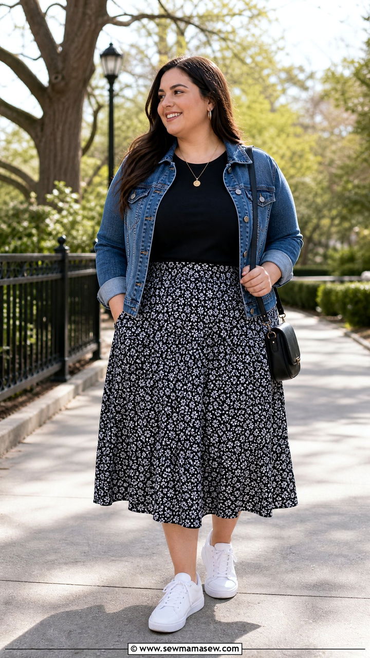 Plus Size Black T Shirt With Denim Jacket And Skirt - 20 plus size black t shirt outfit ideas