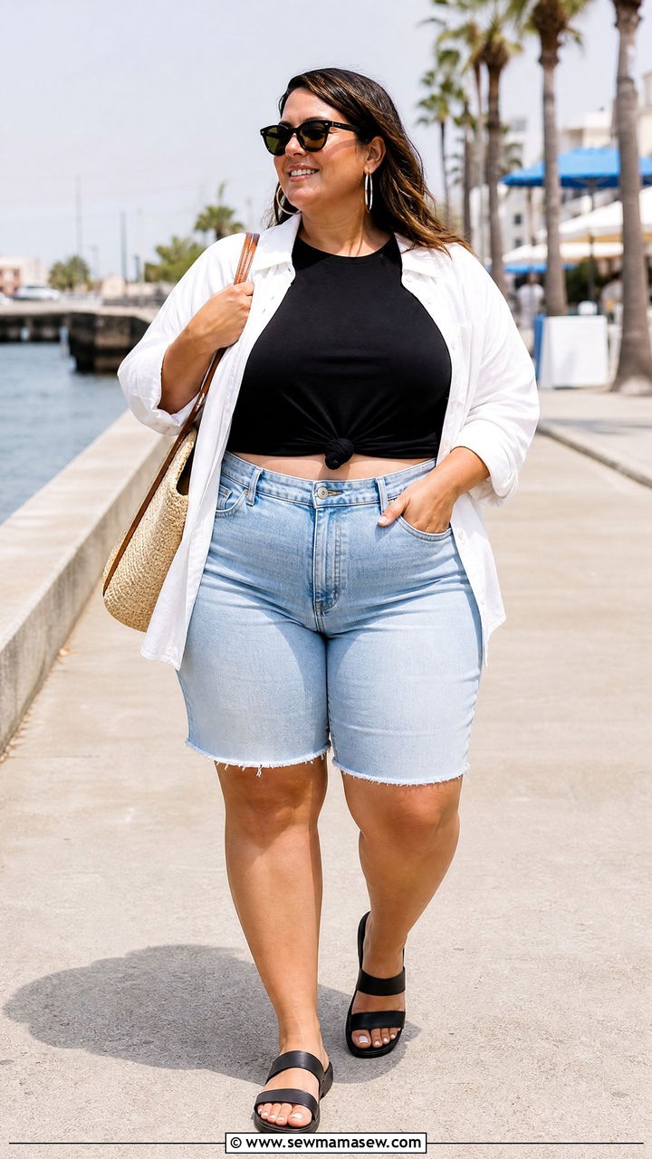 Plus Size Black T Shirt With Denim Shorts - 20 plus size black t shirt outfit ideas