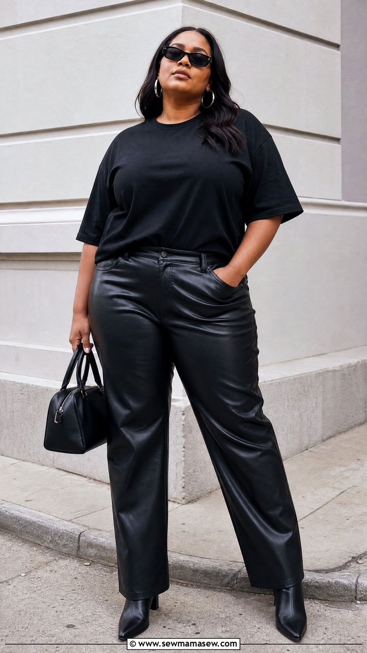 Plus Size Black T Shirt With Leather Look Pants - 20 plus size black t shirt outfit ideas