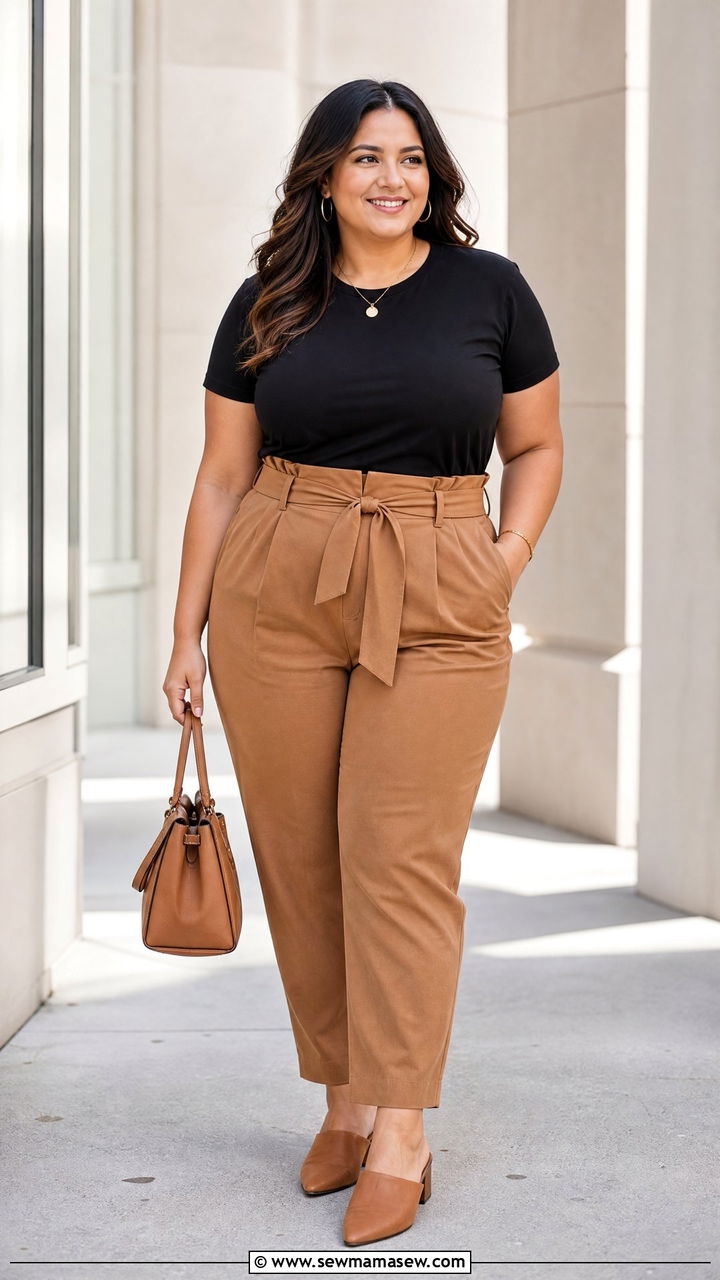 Plus Size Black T Shirt With Paperbag Pants - 20 plus size black t shirt outfit ideas