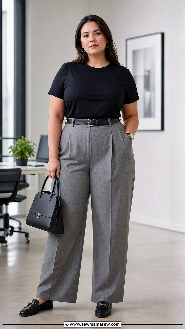 Plus Size Black T Shirt With Tailored Trousers - 20 plus size black t shirt outfit ideas