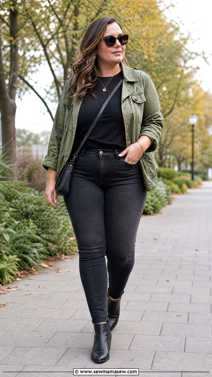 Plus Size Black T Shirt With Utility Jacket - 20 plus size black t shirt outfit ideas