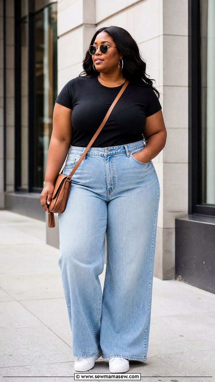 Plus Size Black T Shirt With Wide Leg Jeans - 20 plus size black t shirt outfit ideas