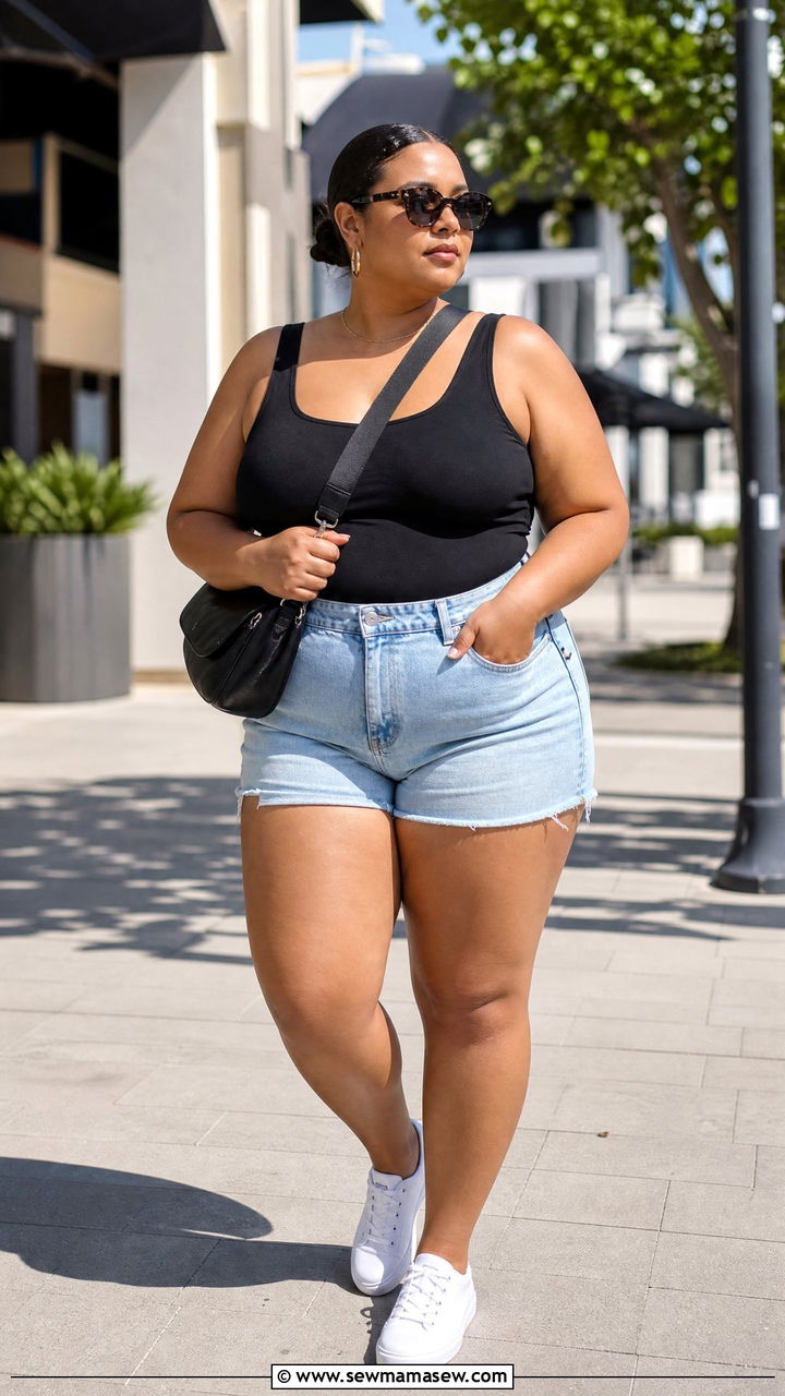 Plus Size Black Tank Top With Denim Shorts - 20 plus size summer tank top outfit ideas
