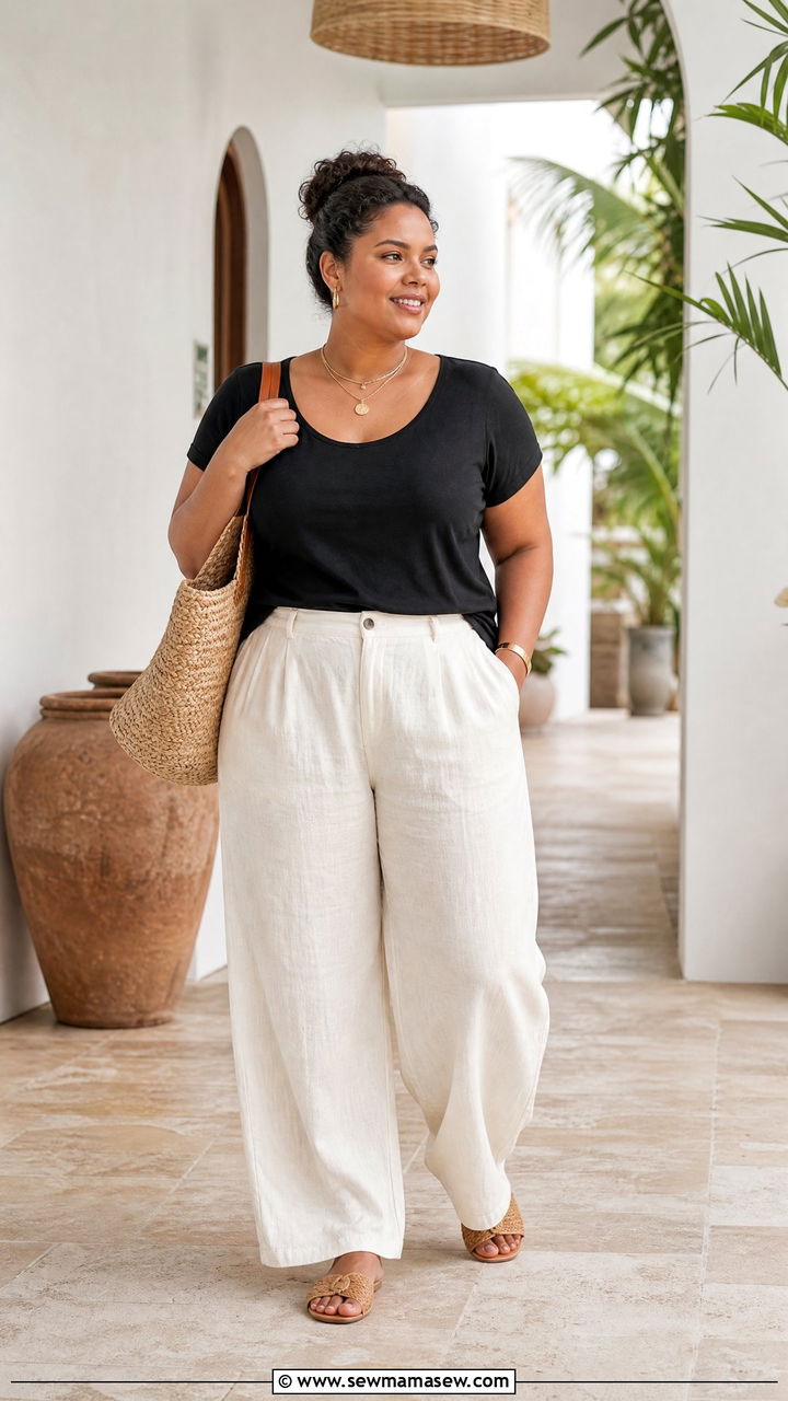 Plus Size Black Tee With Linen Pants - 20 plus size basic tee outfit ideas