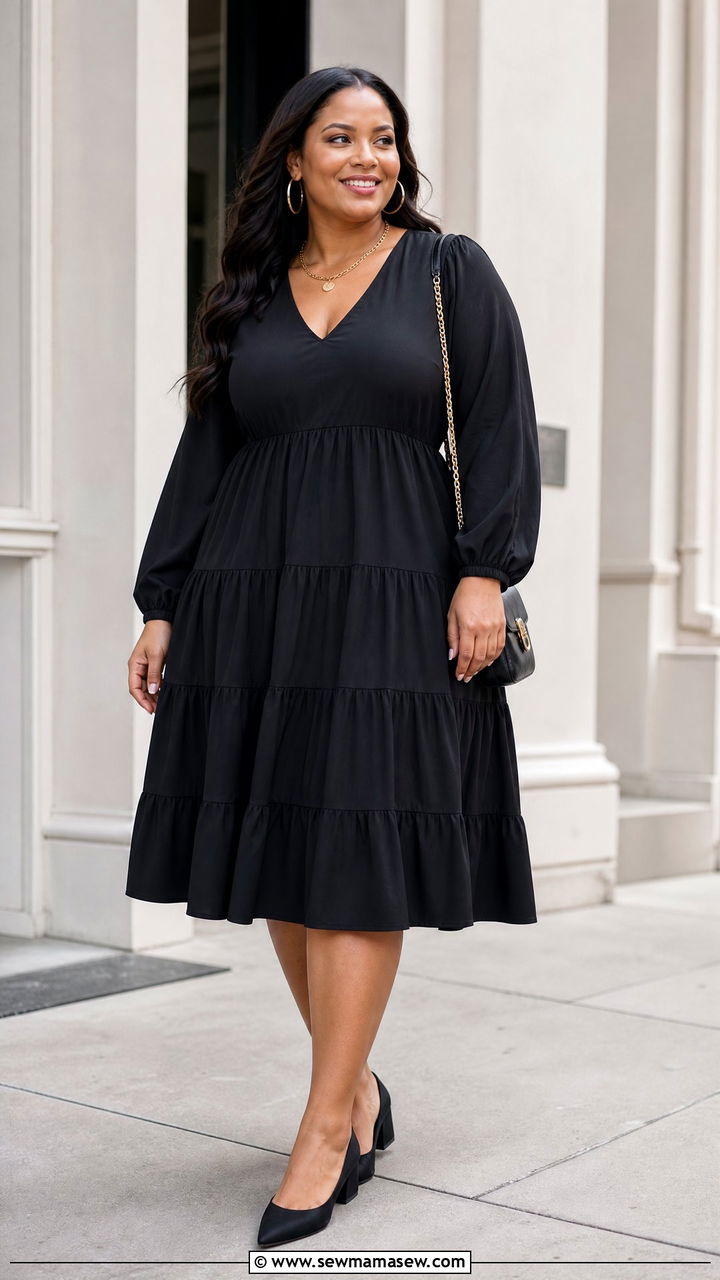 Plus Size Black Tiered Dress With Gold Accessories - 20 plus size tiered dress outfit ideas