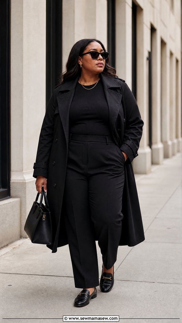 Plus Size Black Trench Coat And Trousers Outfit - 20 plus size black outfit ideas