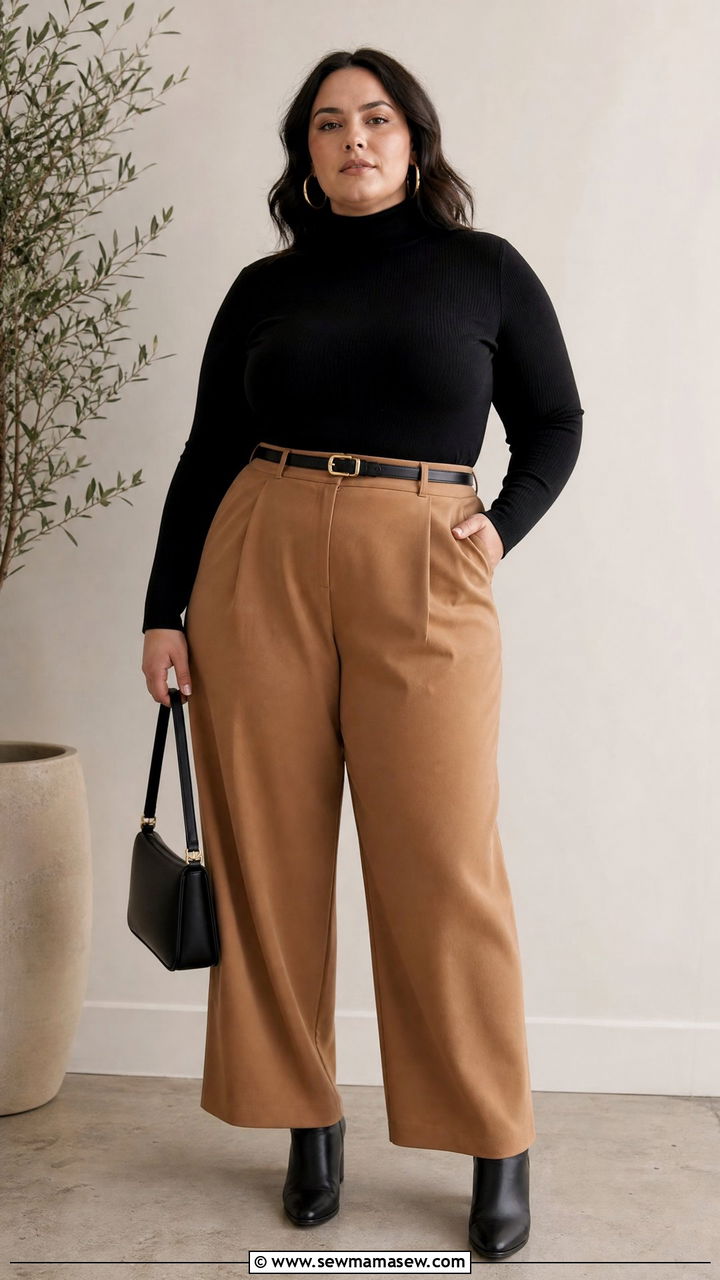 Plus Size Black Turtleneck And Camel Trousers Outfit - 20 plus size neutral outfit ideas