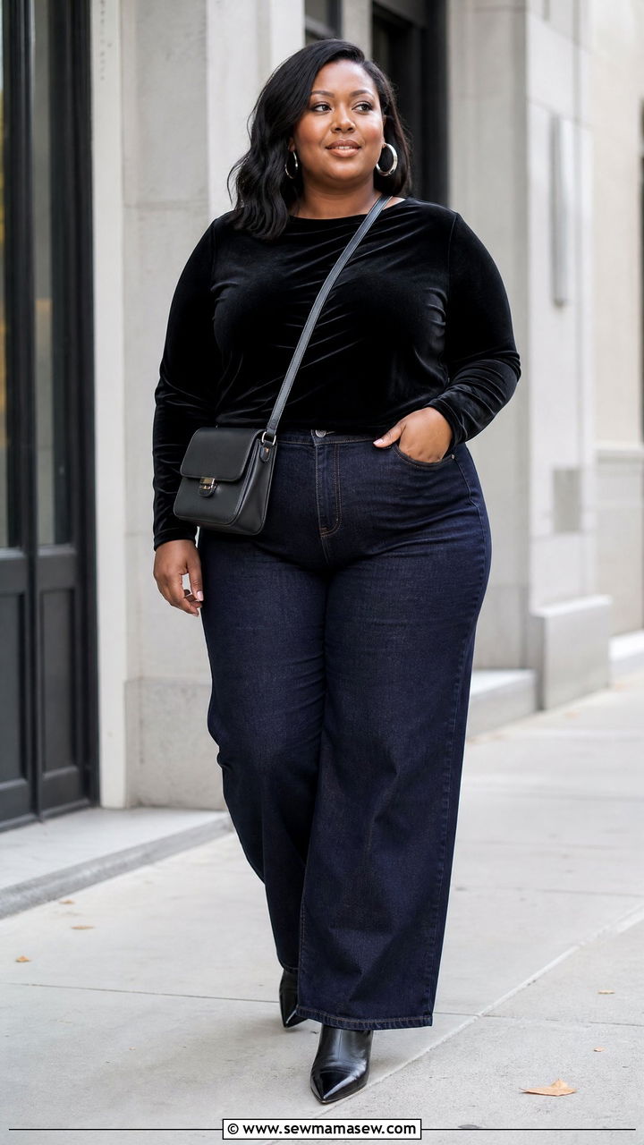 Plus Size Black Velvet Top With Wide Leg Jeans - 20 plus size velvet top outfit ideas