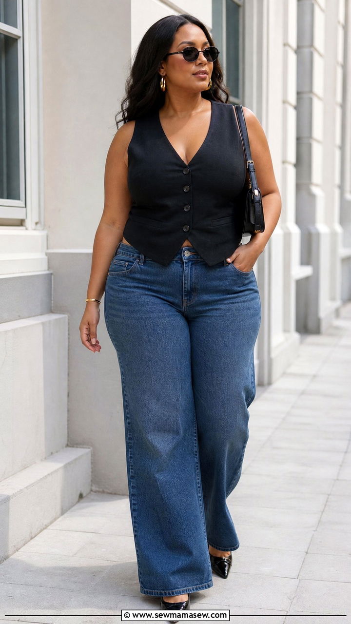 Plus Size Black Waistcoat Top With Wide Leg Jeans - 20 plus size waistcoat top outfit ideas