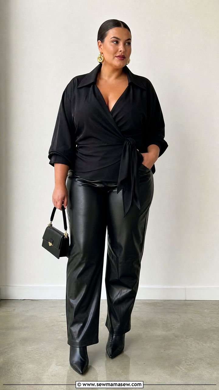 Plus Size Black Wrap Blouse With Leather Pants - 20 plus size wrap blouse outfit ideas