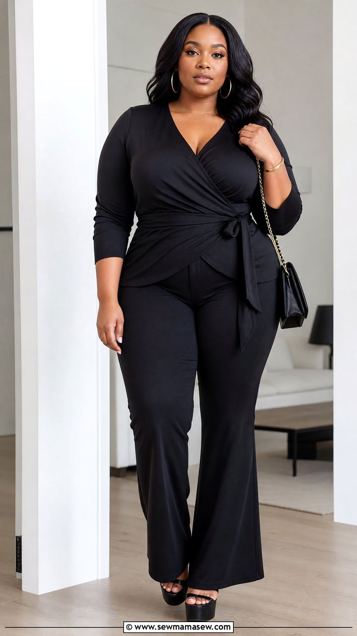 Plus Size Black Wrap Top And Flare Pants Outfit - 20 plus size black outfit ideas
