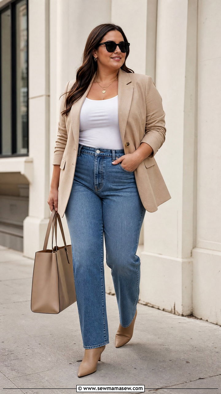 Plus Size Blazer And Straight Leg Jeans Outfit - 20 plus size outfits to balance proportions