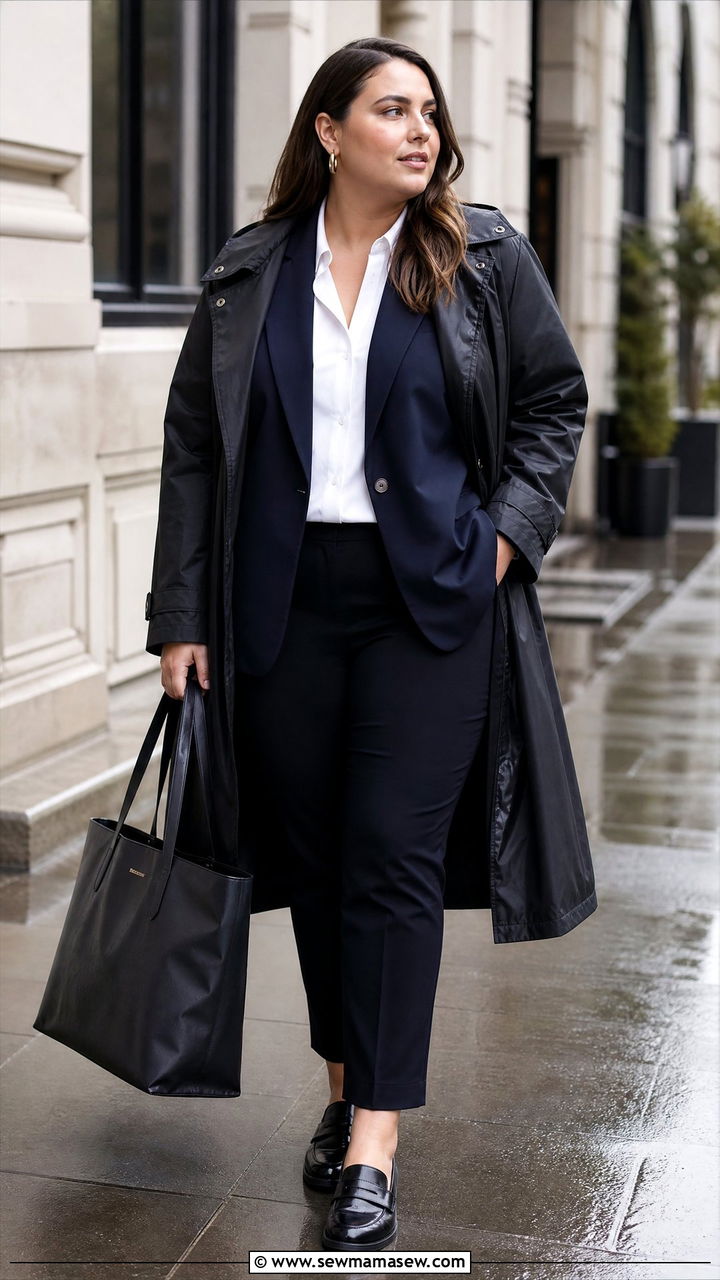 Plus Size Blazer And Waterproof Coat Outfit - 20 plus size rainy day outfit ideas