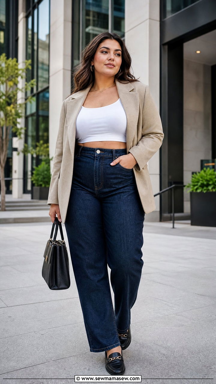 Plus Size Blazer Crop Top And High Waisted Jeans Outfit - 20 plus size crop top and high waisted jeans outfit ideas