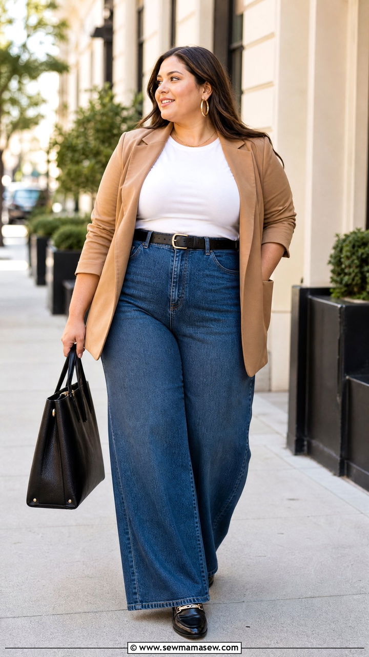 Plus Size Blazer Outfit With Wide Leg Jeans - 20 plus size layering outfit ideas