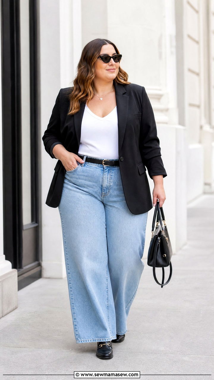 Plus Size Blazer With Wide Leg Jeans Outfit - 20 plus size outfits for broad shoulders