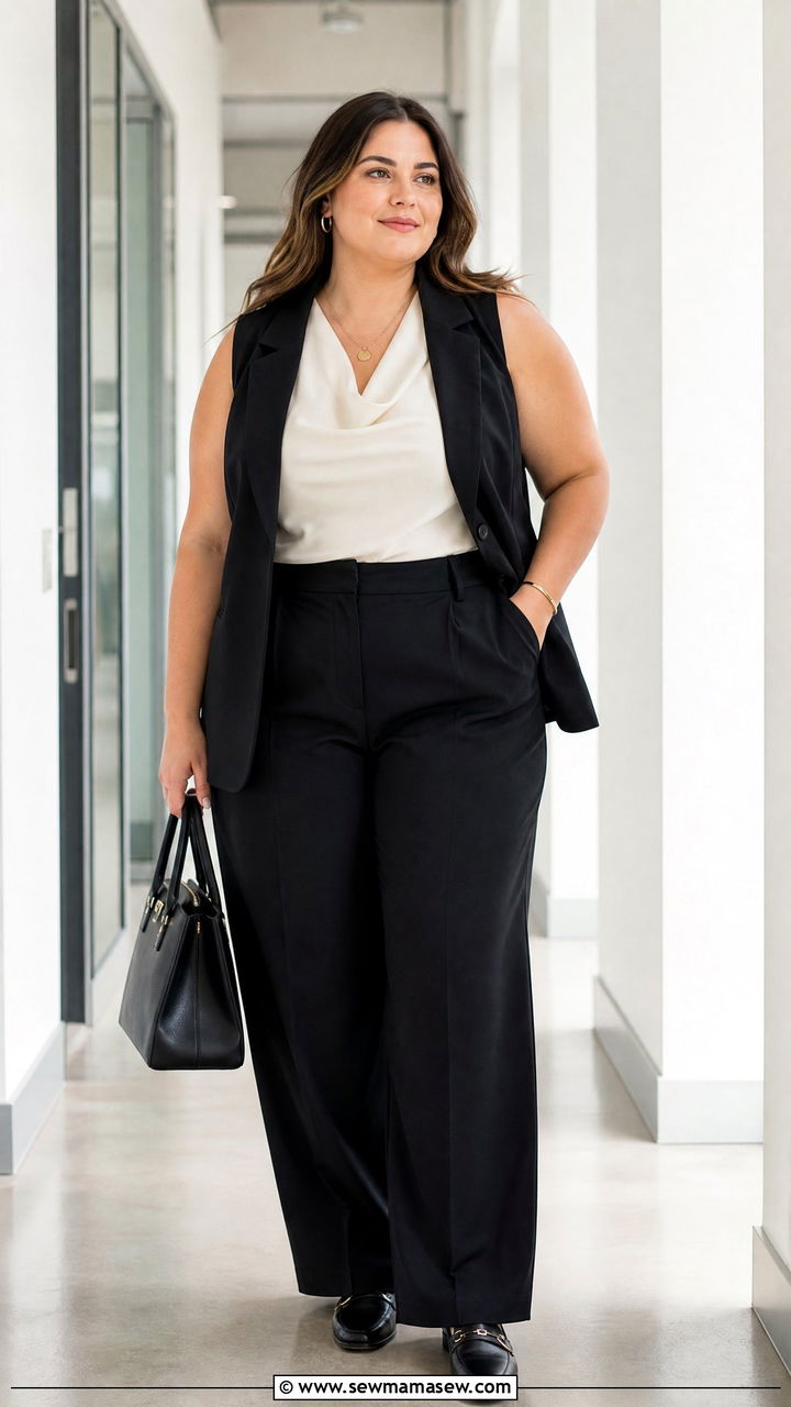 Plus Size Blouse Outfit With Sleeveless Vest And Trousers - 20 plus size layering outfit ideas