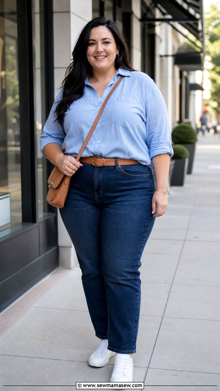 Plus Size Blue Jeans And Blue Top Outfit - 20 plus size blue outfit ideas