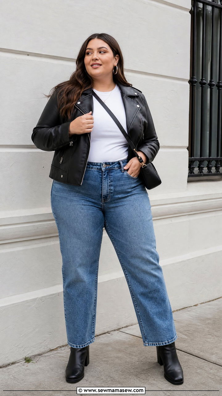 Plus Size Blue Jeans With Leather Jacket - 20 plus size fall outfit ideas with jeans
