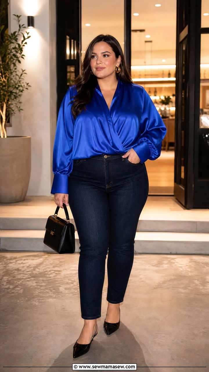 Plus Size Blue Satin Blouse Outfit - 20 plus size blue outfit ideas