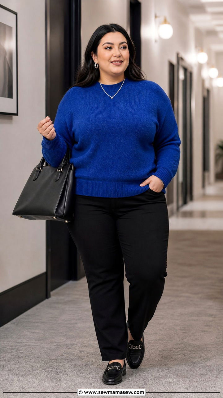 Plus Size Blue Sweater And Black Pants Outfit - 20 plus size blue outfit ideas