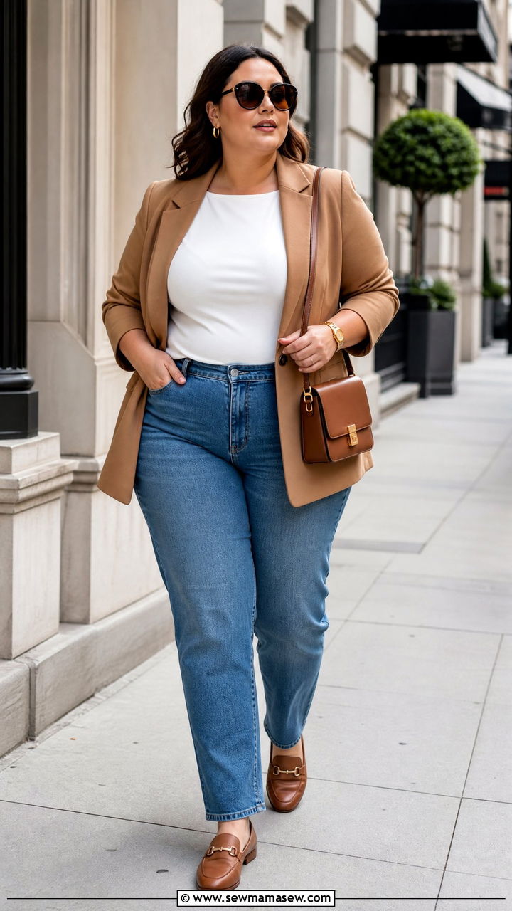 Plus Size Boat Neck Top With Blazer And Jeans - 20 plus size boat neck top outfit ideas