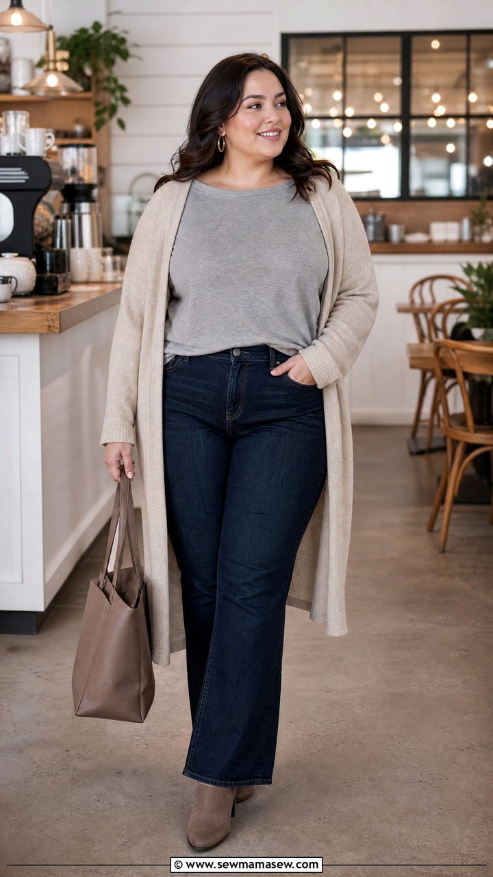 Plus Size Boat Neck Top With Cardigan And Jeans - 20 plus size boat neck top outfit ideas