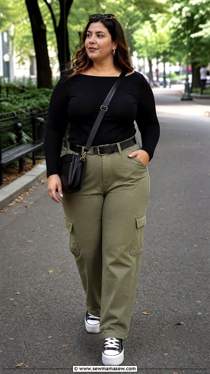 Plus Size Boat Neck Top With Cargo Pants - 20 plus size boat neck top outfit ideas
