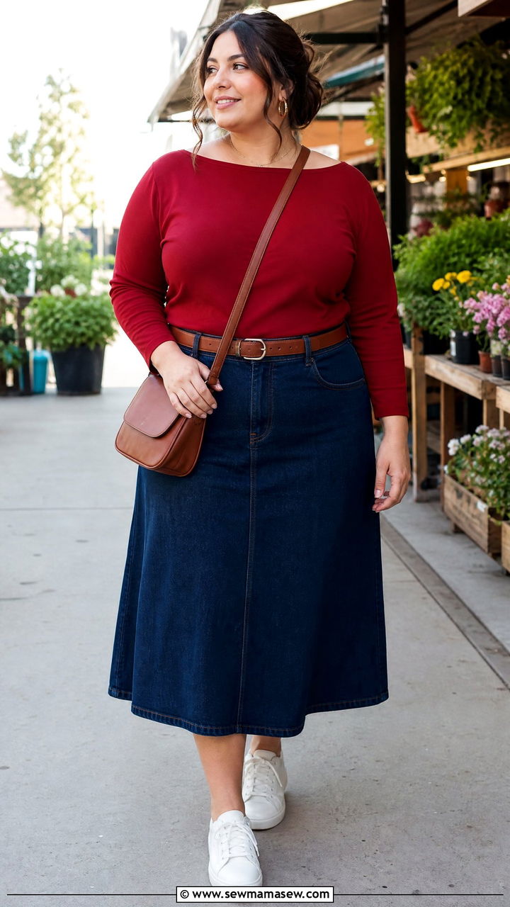 Plus Size Boat Neck Top With Denim Skirt - 20 plus size boat neck top outfit ideas