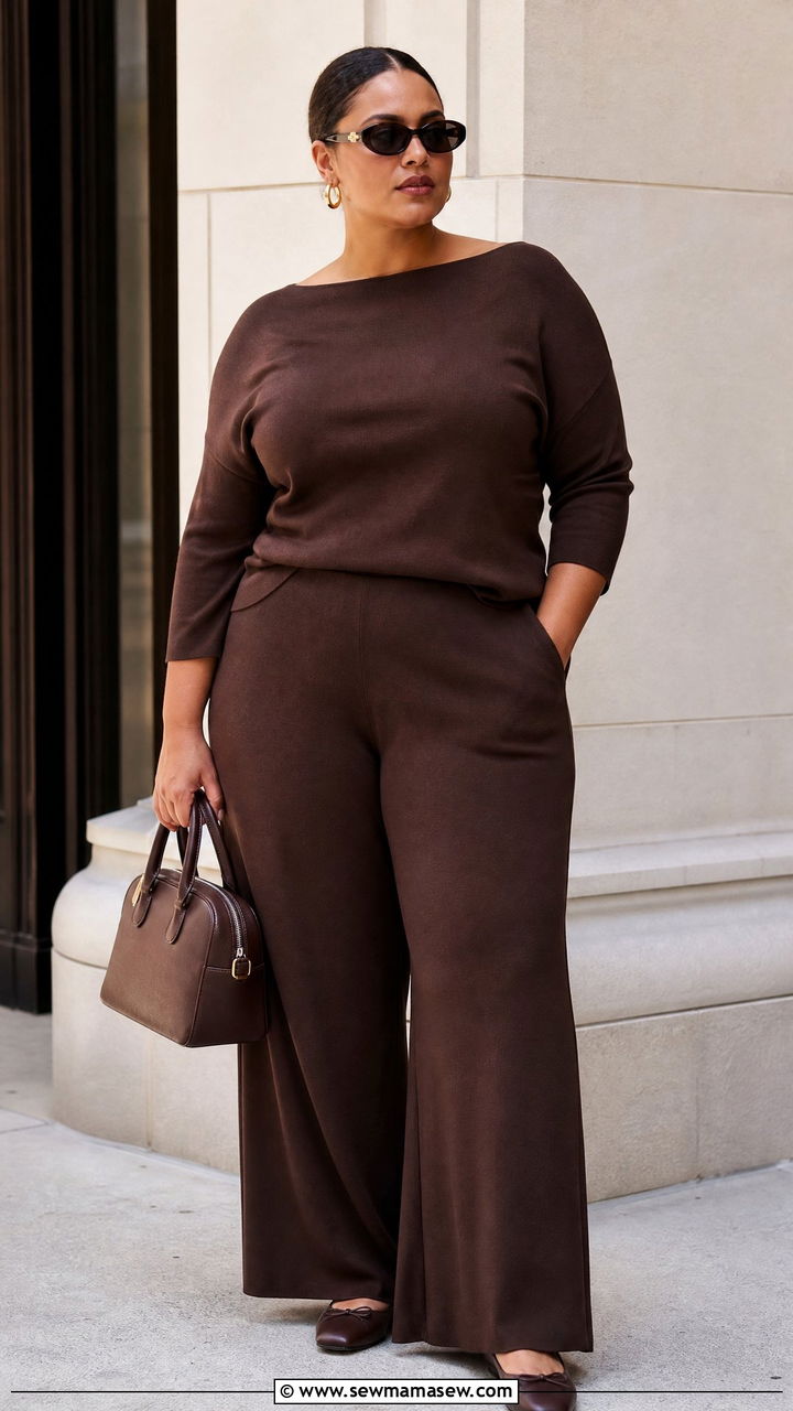 Plus Size Boat Neck Top With Monochrome Pants - 20 plus size boat neck top outfit ideas
