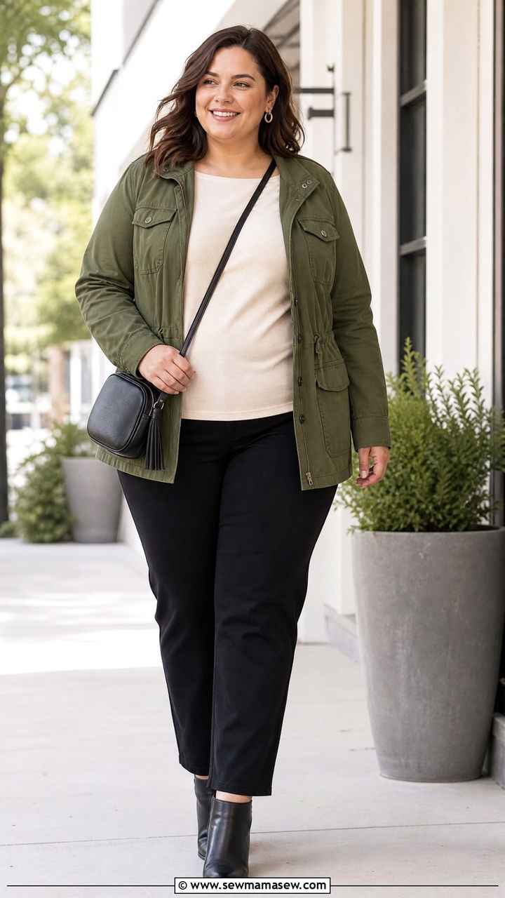 Plus Size Boat Neck Top With Utility Jacket - 20 plus size boat neck top outfit ideas