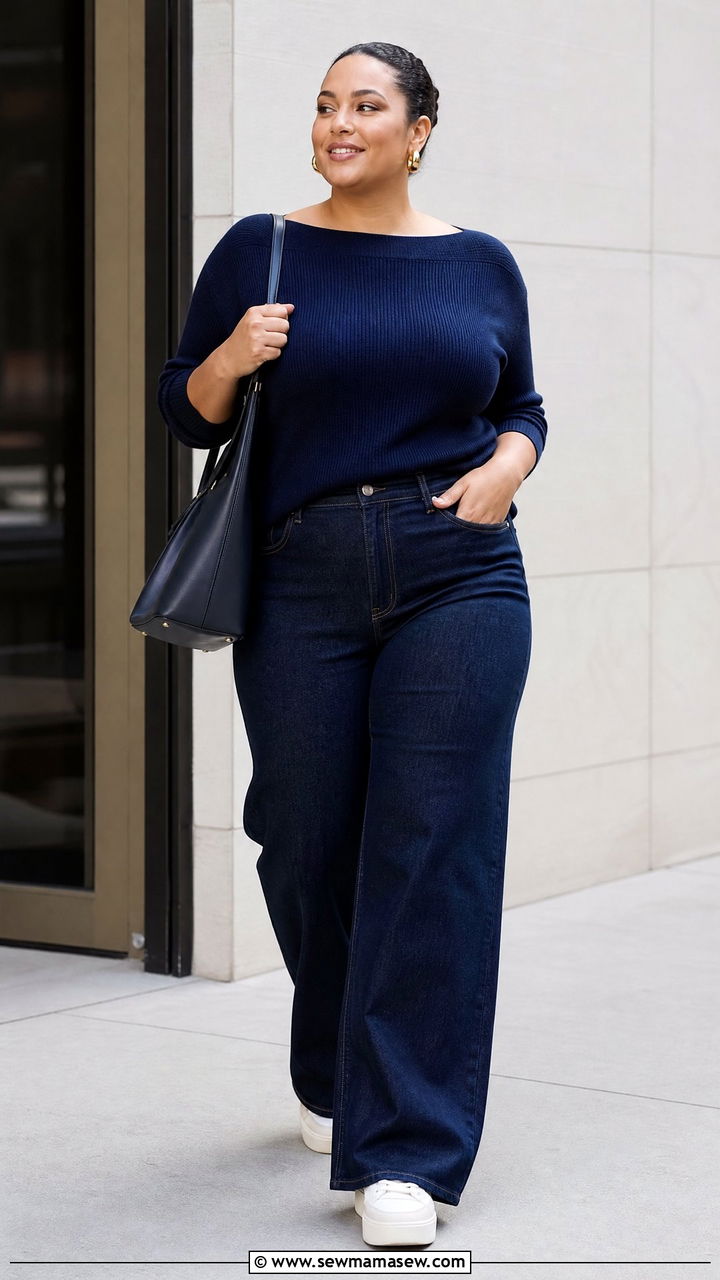 Plus Size Boat Neck Top With Wide Leg Jeans - 20 plus size tops for big bust outfit ideas