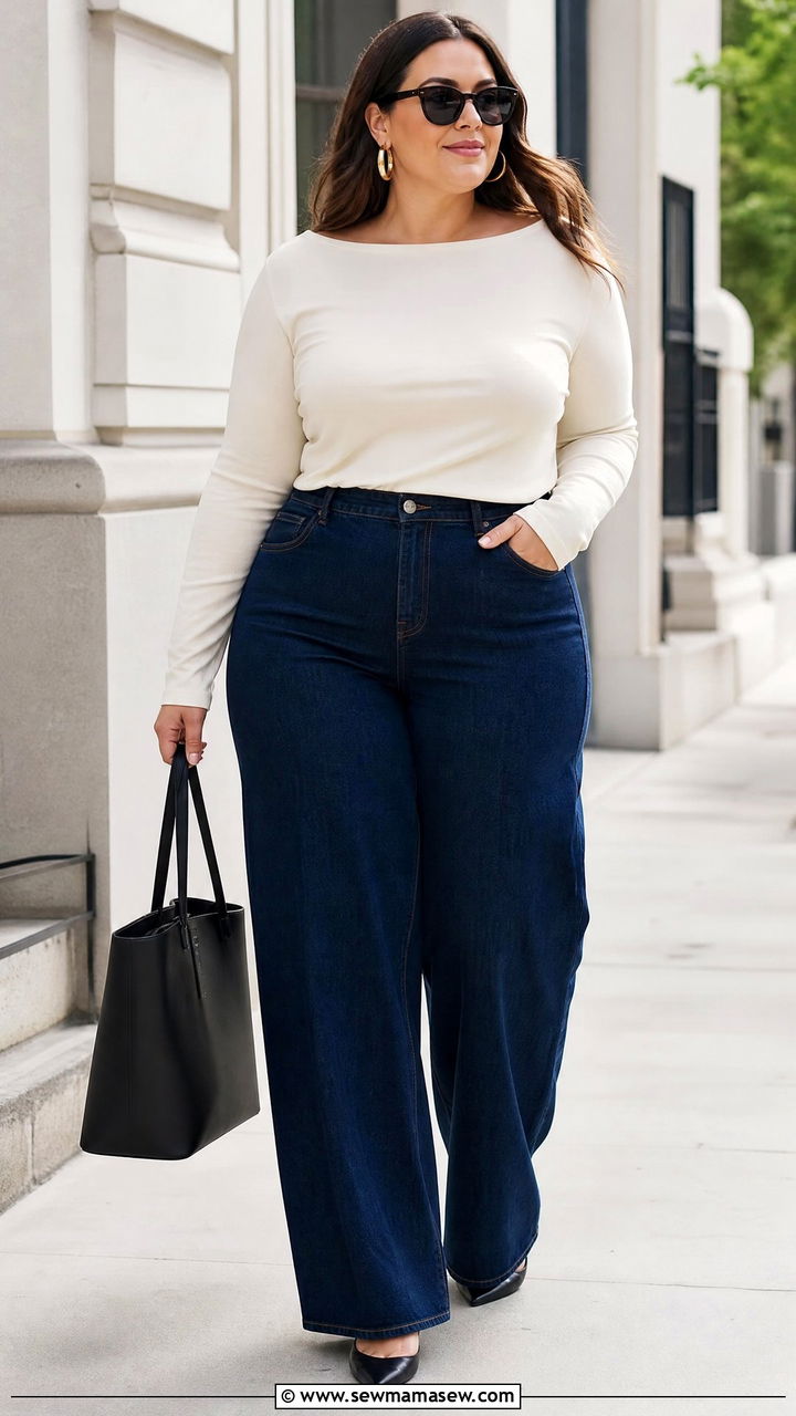 Plus Size Boat Neck Top With Wide Leg Jeans - 20 plus size boat neck top outfit ideas